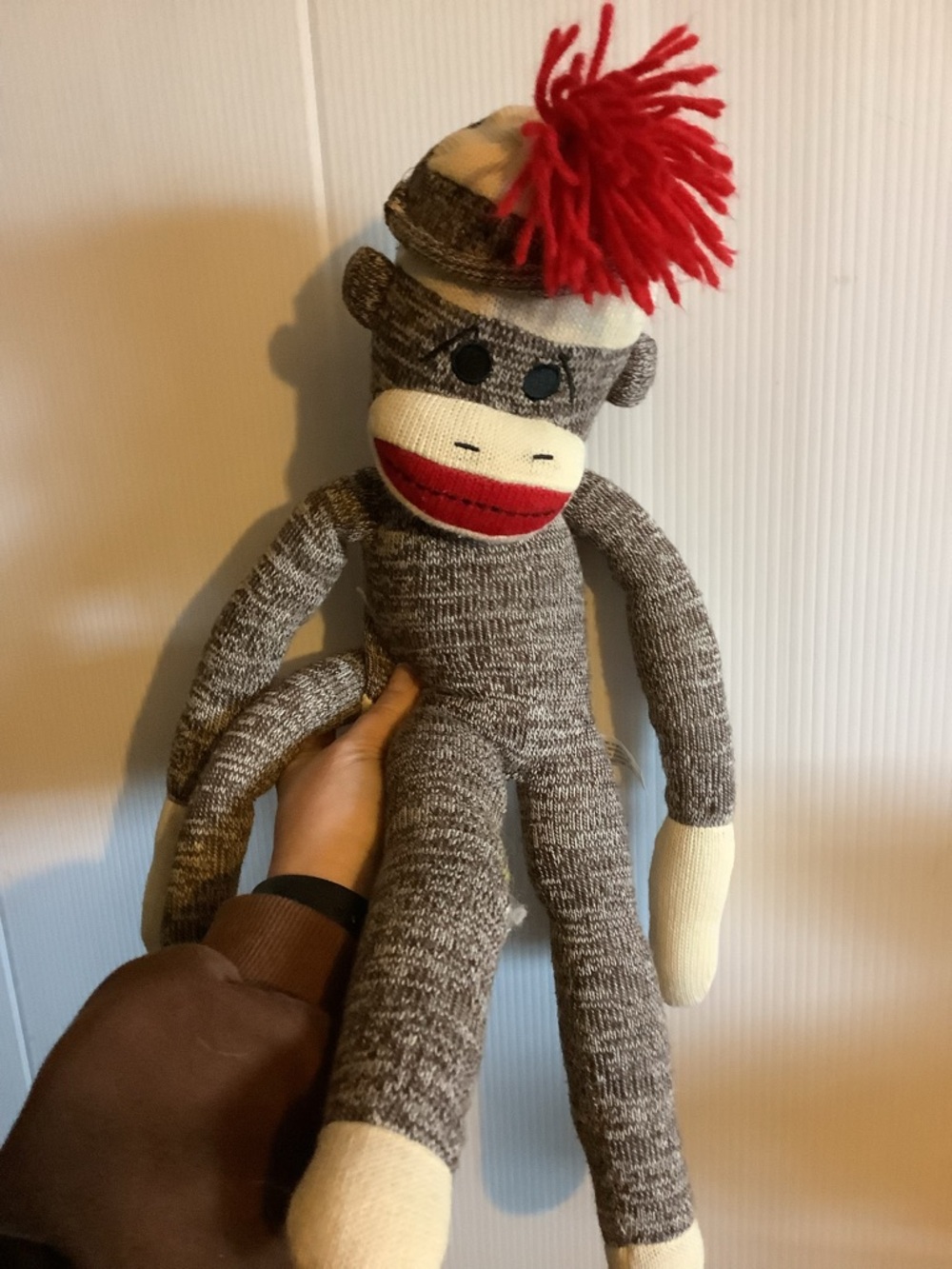 Sock Monkey Plush with Red Pom Pom Hat
